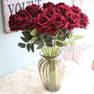Шелковая роза бархат длинный стебель розы цветок Реалистичный искусственный цветок один цветок букет свадебный стол украшение HQW03332