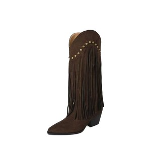 Women's <strong>Brown</strong> Fur Fringe Cowboy <strong>Boots</strong> Gold Rivets Pointed Toe Block <strong>Heel</strong> Western Style Height Increasing Knee-<strong>high</strong> Fashion <strong>Boots</strong> - Product Image 1