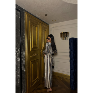 <b>Black</b> Stripe <b>Sequin</b> Crop Blouse and Above Knee Slit <b>Skirt</b> Set Formal 2-Piece Outfit XS Size Skinny Fit for Winter - Product Image 2