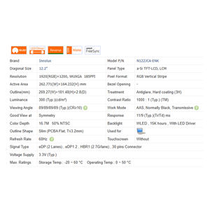 1000:1 N122JCA-ENK , 220 Cd/m² 터치 16:10 <span class=keywords><strong>LCD</strong></span> 12.<span class=keywords><strong>2</strong></span> "스크린 모듈 1920*1200 WLED 새로운 노트북 <span class=keywords><strong>LCD</strong></span> 화면 EDP 30 핀 68% SRGB - Product Image 5