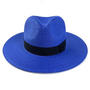 Topi Panama Anyaman Warna Solid Baru dengan Pinggiran Lebar dan Pita Hitam, Topi Jerami Fedora Pelindung Matahari untuk Musim Panas di Pantai, untuk Wanita dan Pria - Product Image 3