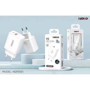 Temco Nqp3001 30w <b>Usb</b> <b>C</b> And <b>Usb</b> <b>A</b> Fast <b>Charger</b> With <b>Cable</b> For Smartphone And Tablet - Product Image 1