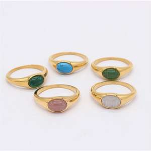 خاتم خاتم خاتم من الفولاذ المقاوم للصدأ مطلي بالذهب عيار 18 للنساء ، أحجار كريمة طبيعية مكتنزة بيضاوية ، حلقات الخاتم غير مشوه - Product Image 1