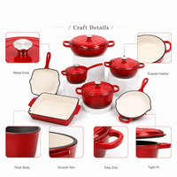 Juego de Utensilios de Cocina de Hierro Fundido Esmaltado Azul Estilo Vintage, 7 Piezas, Olla Holandesa Resistente, Cacerola y Sartén para Cocina al Aire Libre