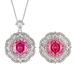 Conjunto de Joyería de Moda Ecológica, Chapado en Oro y Cobre, con Circonita Cúbica de Corte Rosa de 14 mm, Hermoso Collar con Colgante Floral, Aretes y Anillo para Boda - Product Image 1
