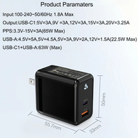 Cargador de Teléfono Personalizado PD 65W GaN de Carga Rápida con Enchufe Estadounidense, Certificado ETL, Adaptador de Corriente Portátil USB-A+C Multidispositivo para Cámara