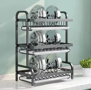 kitchen tableware storage rack 2 layer dish drain holder stainless steel organize shelf bowl plate drying rack