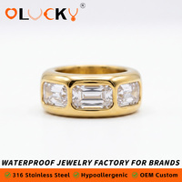 LUCKYJIU Maßgefertigter Schmuck Wasserdichter 18K Vergoldeter Edelstahl Minimalistischer Zirkonia-Besetzter Breiter Ring für Damen