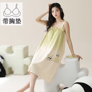 Chemise de nuit d'été pour femmes, avec coussinets de soutien-gorge, longueur moyenne, en soie de lait, style princesse, design de dessin animé, pour jeunes femmes - Product Image 1
