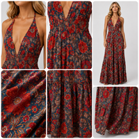 Robe longue maxi à imprimé floral rouge personnalisé, col halter en V profond, à volants, style bohème, pour les vacances d'été à la plage, vente en gros OEM/ODM