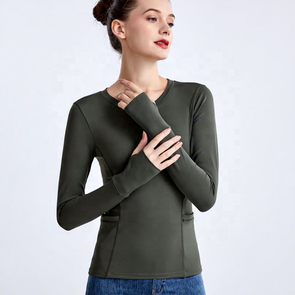 Women's Slimming Fitness Yoga Tops Long Sleeve Waterproof Recyclable Quick-Drying with Breathable Side Pockets for Active Girls