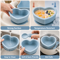 Ensemble de bols à ventouse en silicone Macaron Cœur certifié LFGB, attrape-aliments de couleur unie, bavoir, cuillère et fourchette texturées, kit repas en silicone sûr