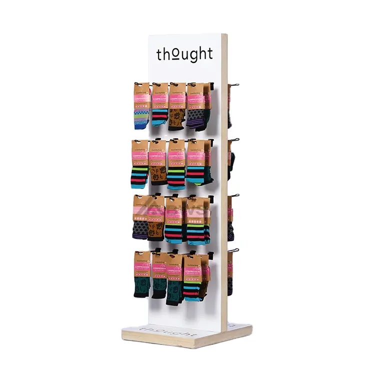 Floor 4 Layers Double Sides Wooden Sock Display Stand Hanger With Metal Hooks