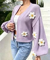 Kardigan Rajut Bunga 3D Buatan Tangan Wanita, Kerah V Lengan Panjang, Model Crop Terbuka di Depan, Jaket Sweater