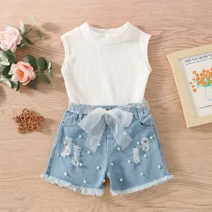 Baby Meisje Zomer Kleding Set Gestreepte Mouwloze T-shirt Outfits Korte Broek Jeans Casual Kids Kleding Set