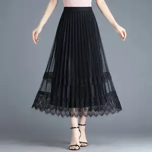 2023 Spring Summer New Versatile Elegant Commuting A-line High Waist pleated Long Lace Skirt