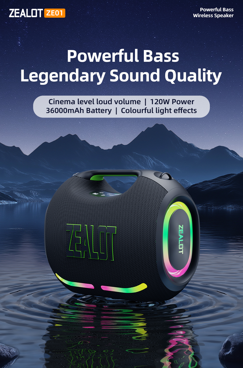ZEALOT ZE01 120W Waterproof Wireless Speakers with RGB Light for