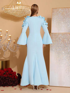 เดรสยาวทรงเอไลน์สีชมพูพื้นเรียบ แขนยาว ไหล่เฉียง ทรงเข้ารูป กระโปรงบาน ผ้าโพลีเอสเตอร์ สไตล์ยุโรป สำหรับผู้หญิง ฤดูร้อน - Product Image 2