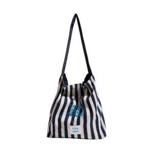 Hot Recycle Custom High Quality Reusable Shoulder Shopping Tote Printed Stripe Cotton Fabric Bag With Logo - Product Image 3