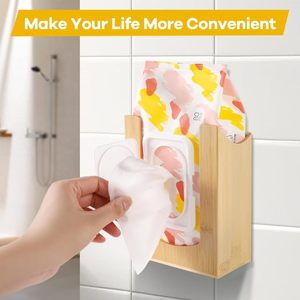 Distributeur mural carré en bambou pour lingettes humides, boîte de rangement pour salle de bain et usage domestique - Product Image 2