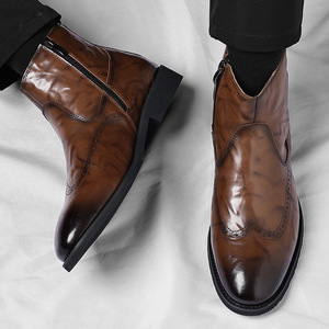 Men's Black Patent Leather Chelsea <b>Ankle</b> Boots, Brogue Wingtip Zipper Dress Boots, Formal Business Pointed Toe <b>Booties</b> for Weddi - Product Image 5