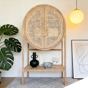 Meuble de bar modulaire en acier inoxydable et bois massif avec rotin tressé, style nordique moderne Wabi-Sabi, pour 40-49 bouteilles - Product Image 1