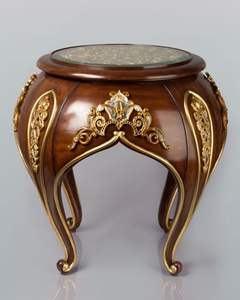 Mesa Taburete Redonda de Madera Hecha a Mano de Lujo, Mueble de Madera Maciza con Detalles en Oro Antiguo para Sala de Estar - Product Image 1