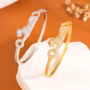 Leopard Head Full Zirconia <b>Bangle</b> Gold And White Micro Insert Plated <b>Copper</b> Women's Fashion Jewelry Gift Summer 2024 - Product Image 3