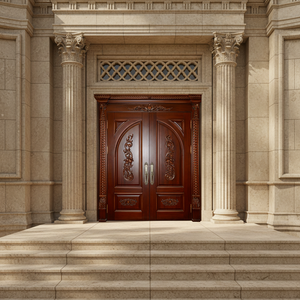 ราคาโรงงานบินบิน ประตูไม้จริงแบบสองบานสำหรับวิลล่า ประตูทางเข้าหลัก สไตล์ดั้งเดิม ทาสีอบแบบอีโค่ด้วยน้ำ  ขนาดและสีตามสั่ง ออกแบบได้ - Product Image 2