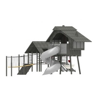 Ensemble de jeu en bois naturel et acier/métal pour maisonnette dans les arbres, équipement de terrain de jeu d'aventure en plein air, toboggan en spirale pour enfants de 3 à 12 ans
