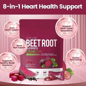 Gummies de Betterave 8-en-1 avec CoQ10, Extrait de Pépins de Raisin et Poivre Noir pour la Santé Cardiaque – Complément Herbal Naturel Énergisant - Product Image 2