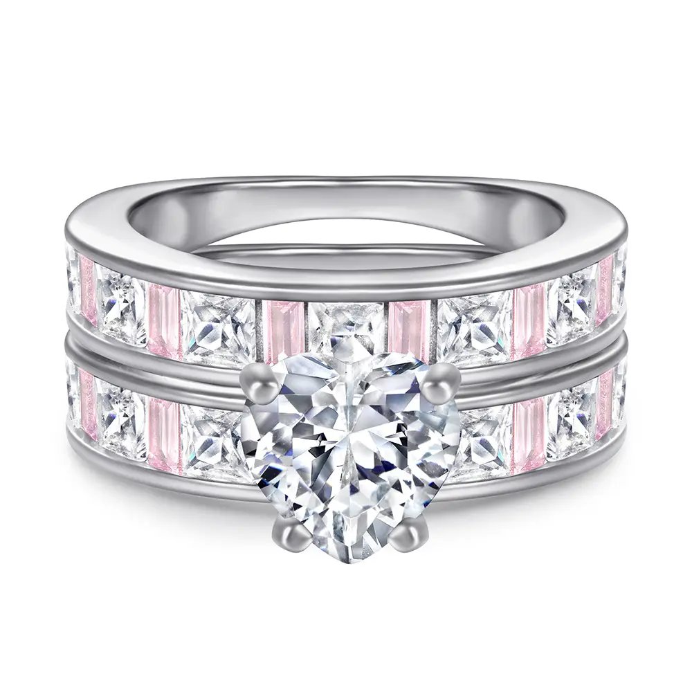 Fashion Jewelry s925 Sterling Silver Ladies Ring Pink Diamond Ring Zircon Love Combination Ring Set Diamond