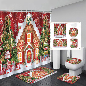 Rideau de Douche en Polyester Imprimé Numérique Motif Bonhomme de Neige, Sapin de Noël et Flocon de Neige, Imperméable, Moderne, Vente en Gros, 2 Pièces - Product Image 2