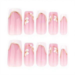 <span class=keywords><strong>Faux</strong></span> <span class=keywords><strong>ongles</strong></span> carrés à presser, rose, style French manucure avec ligne dorée et fleur blanche, pour femmes - Product Image 5