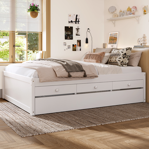 Full Platform <b>Bed</b> with Trundle and 2 Drawers Modern Soft <b>Bed</b> Adjustable <b>Convertible</b> Solid Wood with Power Strip - Product Image 3