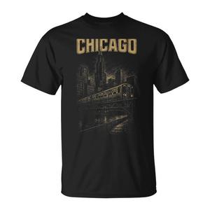 เสื้อยืดวินเทจ Chicago Skyline Urban Rail คอกลม แขนสั้น สำหรับผู้ใหญ่ ทั้งชายและหญิง เสื้อผ้าส่งเสริมการขาย - Product Image 1