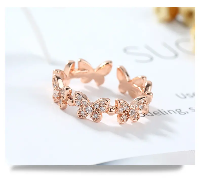 Mode 18 Karat echt vergoldet Kupfer offen angepasster Ring Modeschmuck Schmetterlings ring CZ Zirkon ringe Frauen