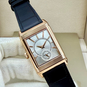 Luxury Rose Gold Reversible Rectangular <b>Watch</b> Silver Dial with Dual Time Zone and Black Leather Strap - Product Image 1