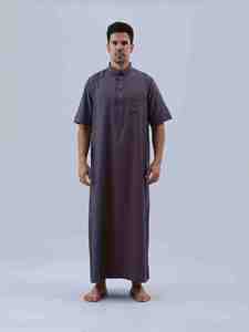 <b>Men's</b> Brown Cotton <b>Thobe</b> Short Sleeve Floor Length Shirt Collar Modest Prayer Wear Solid Color Regular Fit All Seasons - Product Image 2