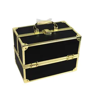 Top Black PVC Leather Belt With 2 Trays Aluminum Makeup Case Portable Double-open Gold Travel Cosmetic Case Aluminum
