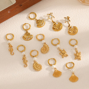 ต่างหูห้อยรูปทะเล ทำจากสแตนเลส ประดับเปลือกหอย เต่า ม้าน้ำ และดาวทะเล  เครื่องประดับสำหรับงานปาร์ตี้ สีทอง  ต่างหูแฟชั่น - Product Image 2