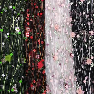 新款蕾丝3D棉球花图案多色涤纶连衣裙刺绣面料