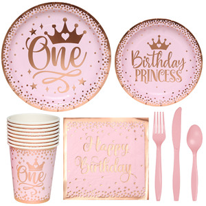 New Design 1 Year Girl Birthday Party Disposable Tableware Paper Plate Paper Cup Tableware Set - Product Image 5