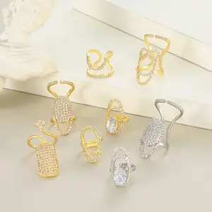 Thời Trang Mạ Vàng Có Thể Điều Chỉnh Mở Ngón Tay Nail Nhẫn Zircon Ngón Tay Pha Lê Nail Nhẫn Đối Với Phụ Nữ