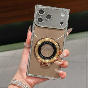 <b>CD</b> Diamond Frame Magnetic holder Square Phone case for iPhone 17 16 15 14 Pro Max Frosted Moire <b>stand</b> bling Bracket Back Cover - Product Image 4