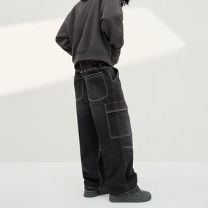 Pantalones Cargo de Carpintero OEM <span class=keywords><strong>Demin</strong></span> 2026 con Degradado Negro, Costuras Ligeras, Dobladillo con Cordón, Holgados y Anchos para Ocio y Trabajo - Product Image 4