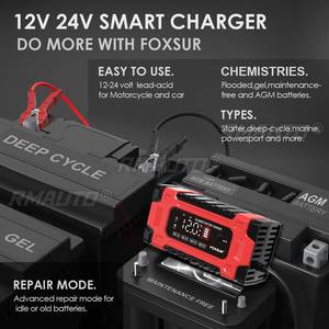 เครื่องชาร์จแบตเตอรี่ FOXSUR 12V 24V 10A พร้อมหน้าจอแสดงผลอัจฉริยะสำหรับรถยนต์และรถจักรยานยนต์ - สีดำและสีแดง - Product Image 2