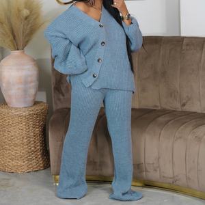 Women's Fall/Winter New Arrival Solid Color V-Neck Button-<b>Down</b> Cardigan & Wide-Leg <b>Pants</b> Sweater 2-Piece Set Fashion - Product Image 5