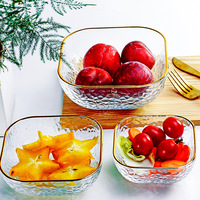 Bol en verre martelé transparent carré avec bord doré, pour salade, fruits, desserts, idéal pour la maison, la salle à manger, la restauration