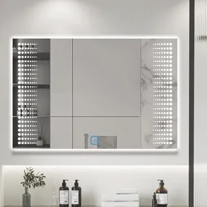 مرآة ذكية LED تثبت على الحائط بشاشة لمس، مرآة حمام مستطيلة بإضاءة خلفية LED، مرآة ذات إضاءة